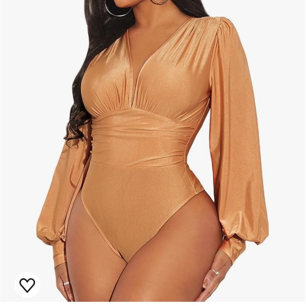 Beige Bodysuit Deep V-Neck